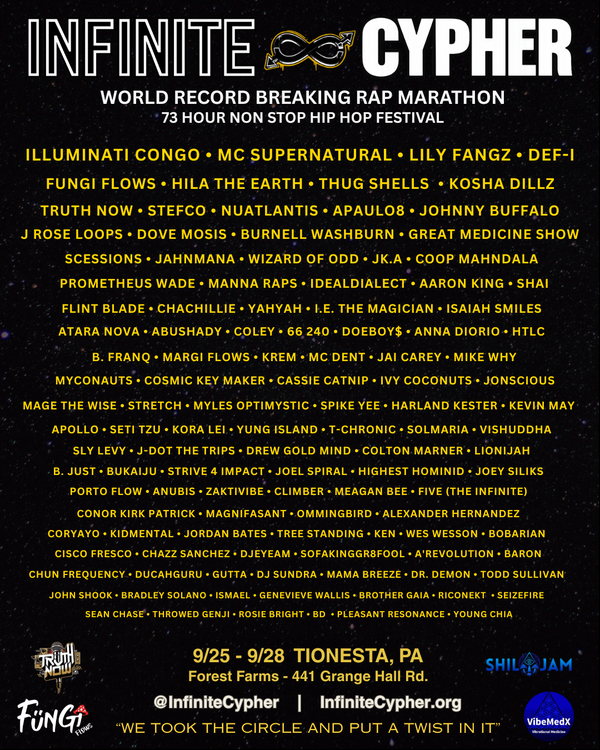 Infinite Cypher 2026 artist lineup flier: a 73-hour non-stop Hip-Hop festival and Guinness record breaking rap marathon, featuring MC Supernatural, Fungi Flows, Illuminati Congo and dozens more. September 25-28, 2026 at Forest Farms, Tionesta, PA.