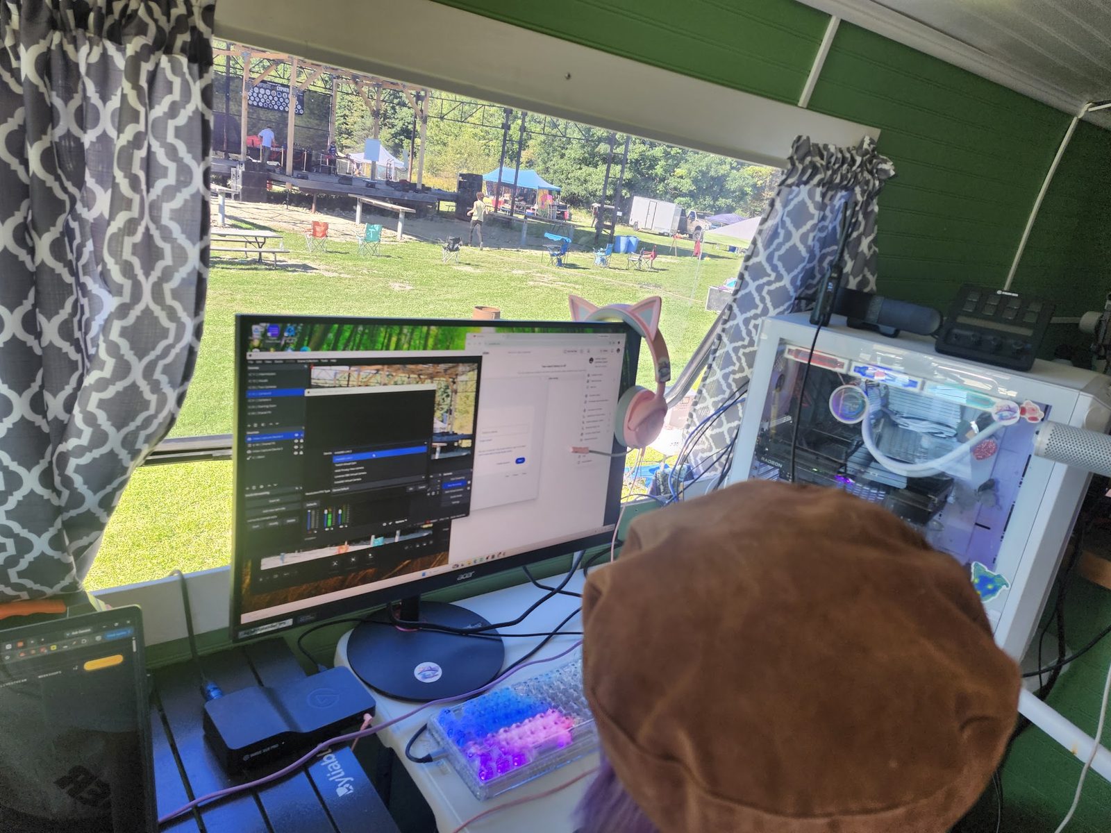The streaming rig, monitors showing the live feed