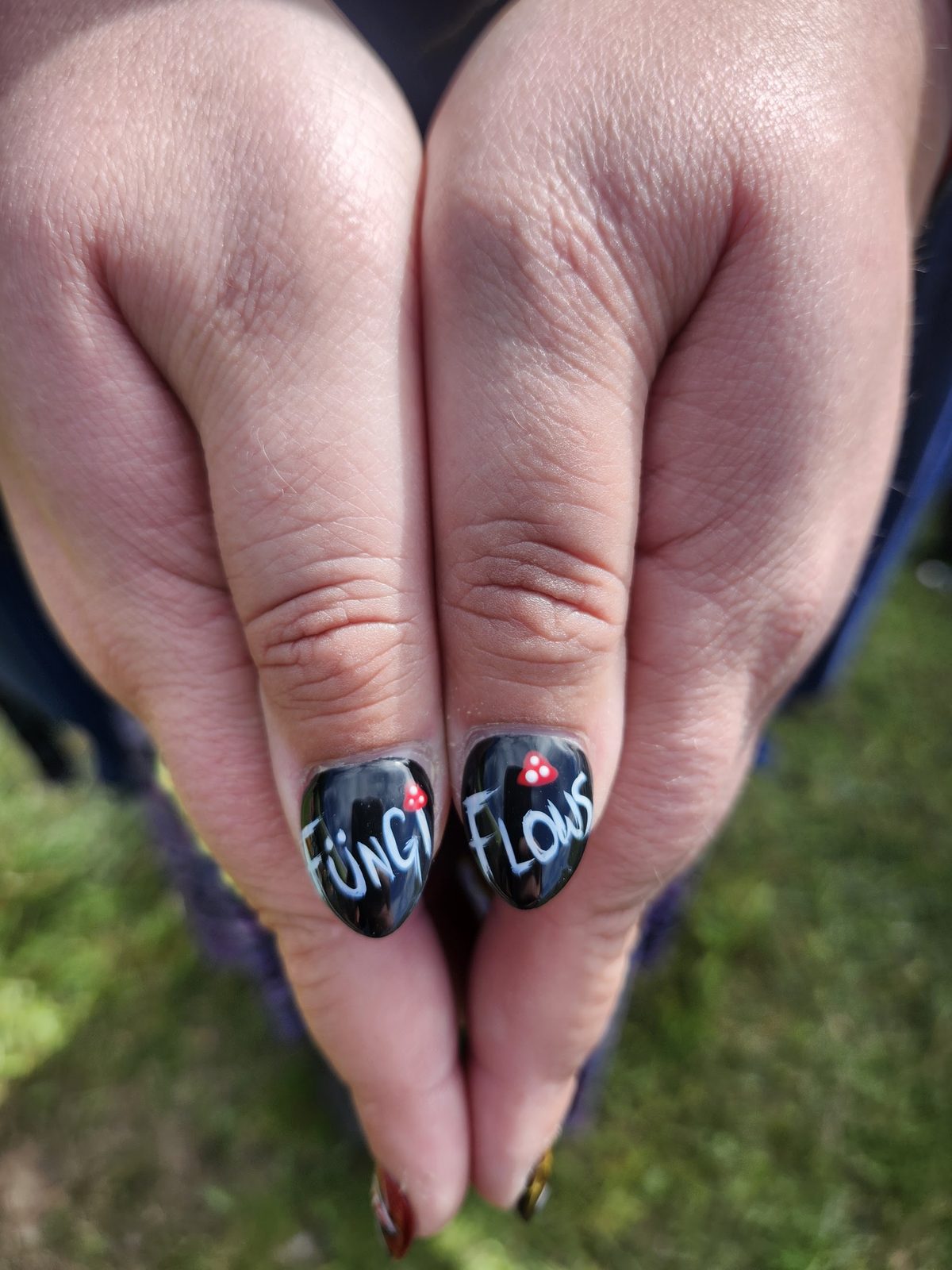 Two thumbnails painted to read Fungi Flows
